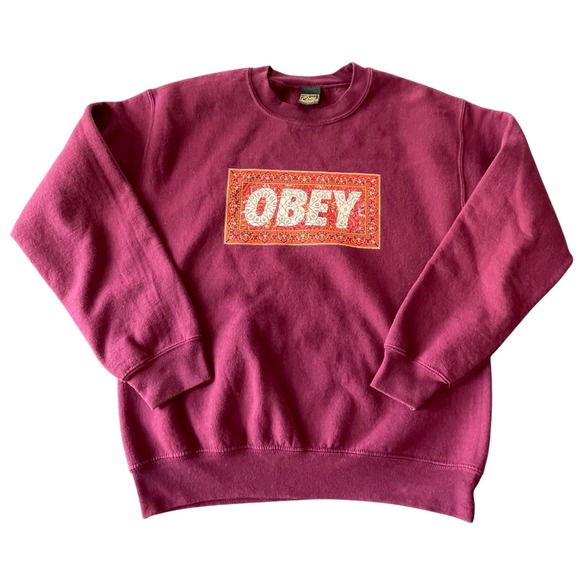 Obey Logo Crewneck Sweatshirt Mens S Burgundy Red Y2K Streetwear 00s Skate Style - Picture 1 of 8